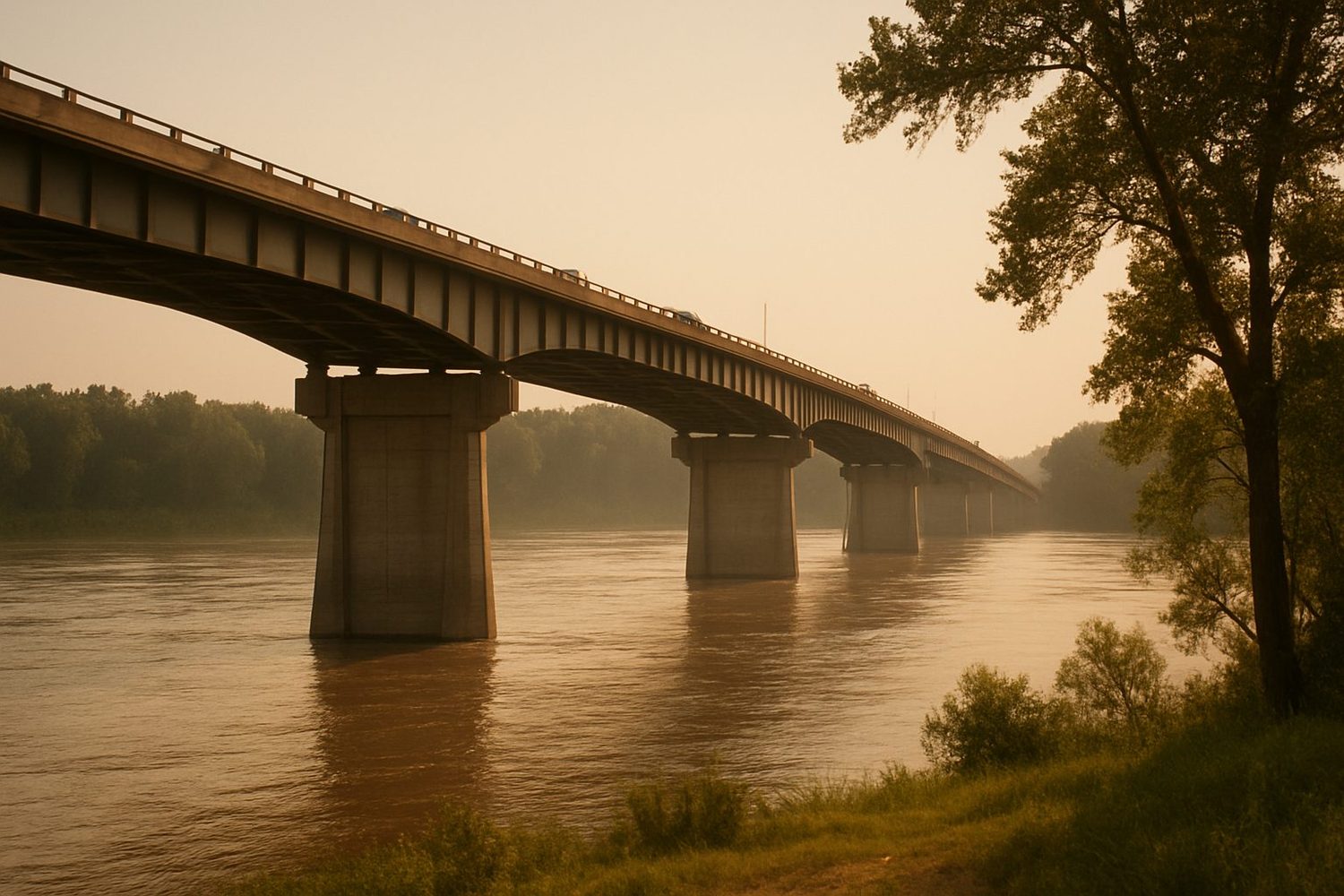 A long concrete highway bridge over the wide Missouri River at golden hour, tall piers standing in brown water, trees on the bank.