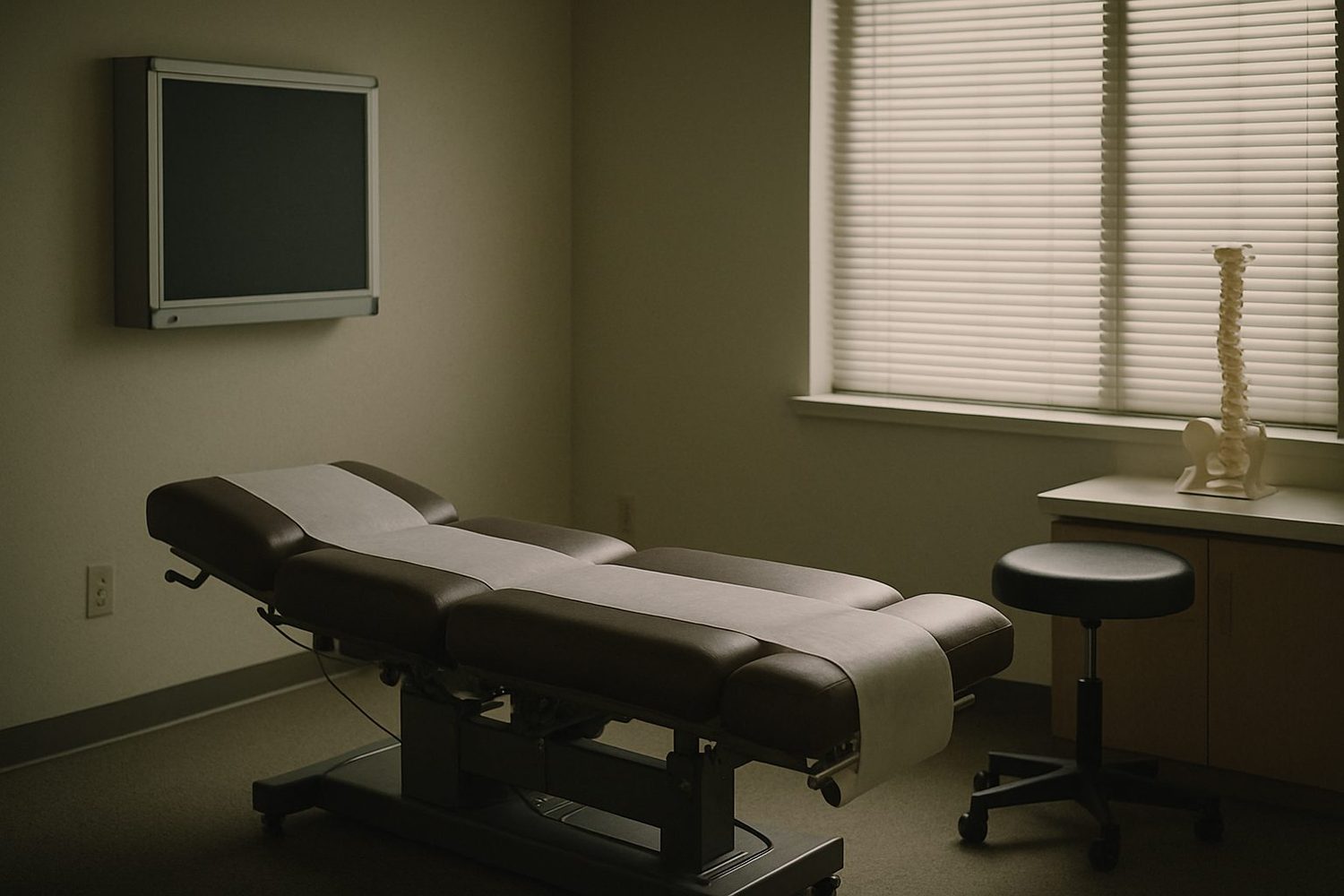A quiet chiropractic exam room in the morning: an adjustable treatment table with clean paper, a wall-mounted lightbox switched off, a rolling stool, a spine model on the counter, window light through blinds.
