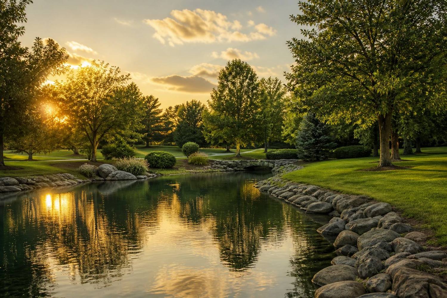 A Chesterfield pond at sunset with still water, stone banks, and green lawn, the kind of park edge the valley ballfields sit beside.