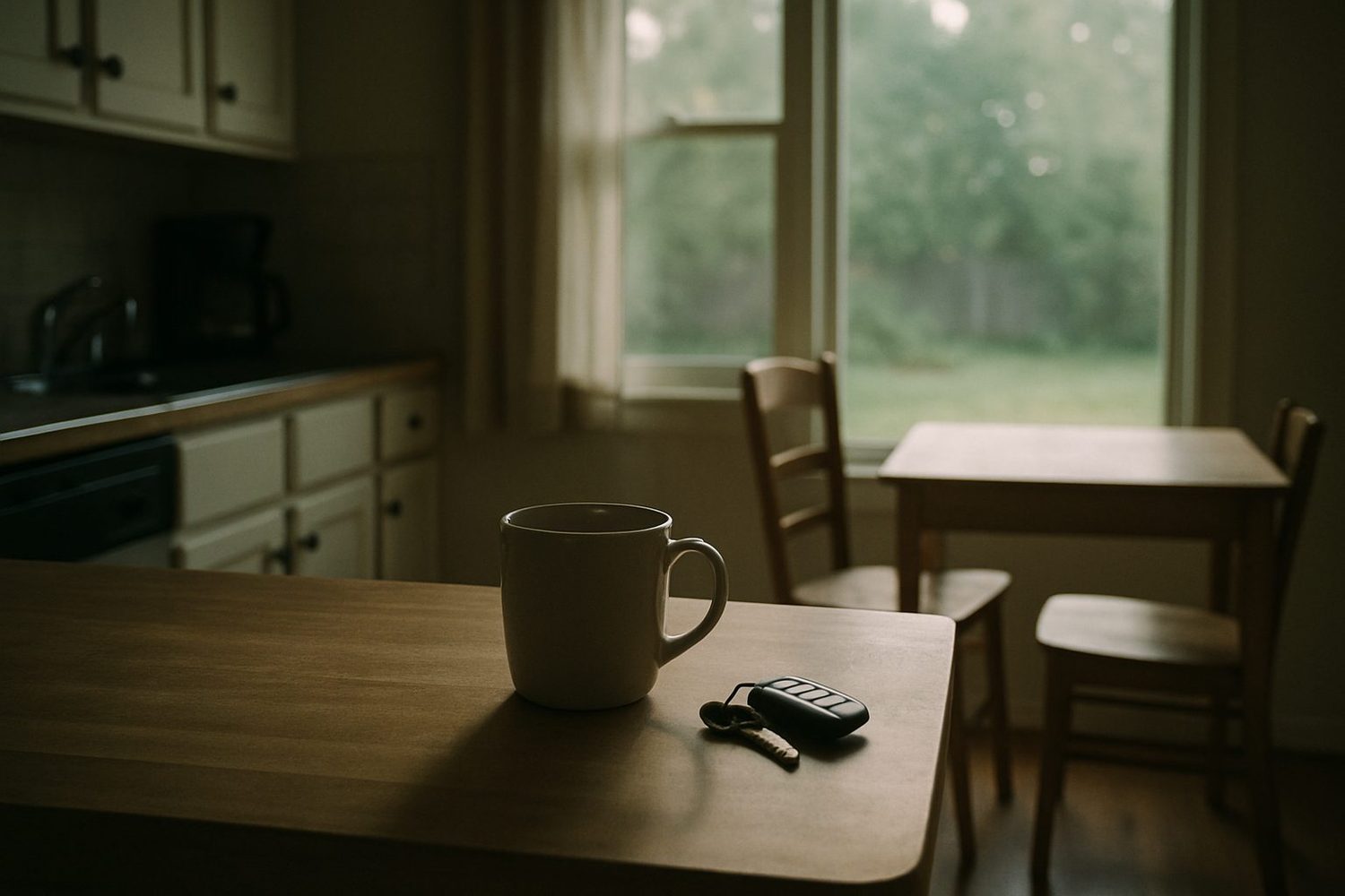 A quiet suburban kitchen at breakfast: a coffee mug and a set of car keys on a wooden counter, morning light through a window onto a green backyard.