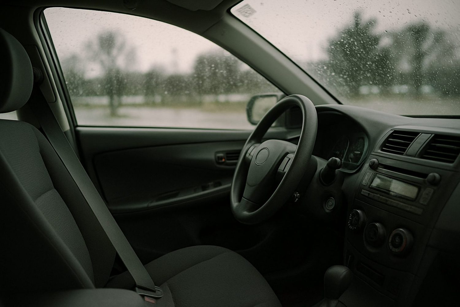 Inside a parked sedan after rain: the steering wheel and dashboard with the engine off, a fastened seat belt across the empty driver seat, raindrops on the windshield.