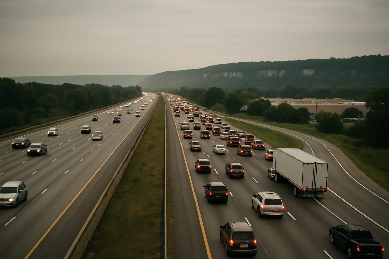 A six-lane interstate running through a flat river-bottom valley at early morning, commuter traffic with brake lights, a long merge lane joining from the right, limestone bluffs in the distance.
